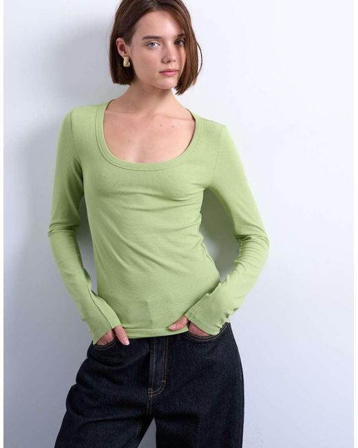 TOPSHOP Green Premium Rib Long Sleeve Wide Scoop Neck Top