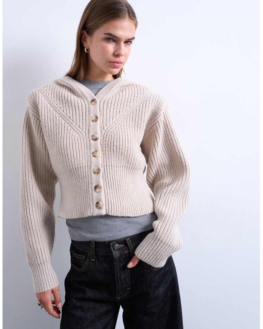 TOPSHOP White Knitted Button Through Shoulder Padded Hoodie