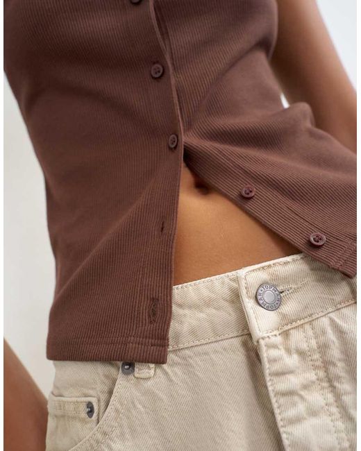 TOPSHOP Brown Button Through Short Sleeve Top