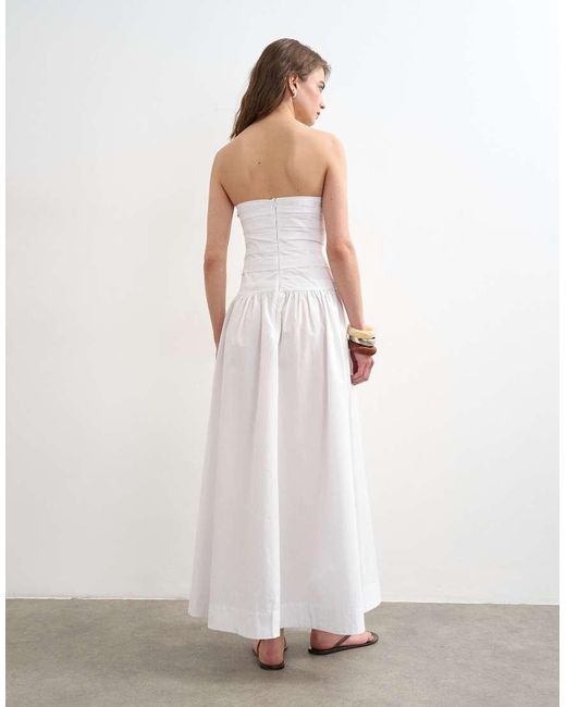 TOPSHOP White Poplin Ruched Bandeau Midi Dress
