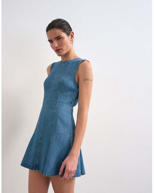 TOPSHOP Blue Denim Seamed Flippy Mini Dress