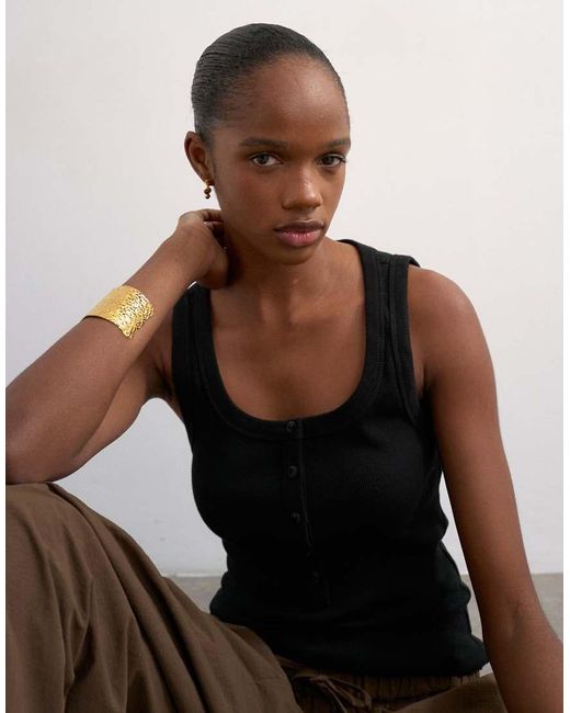 TOPSHOP Brown Button Placket Rib Knit Tank Top