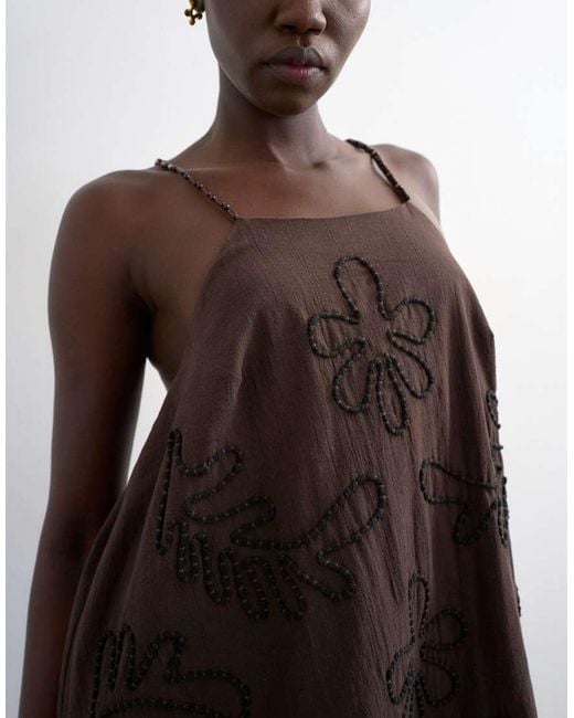 TOPSHOP Brown Beaded Strap Trapeze Mini Dress With 3d Cording