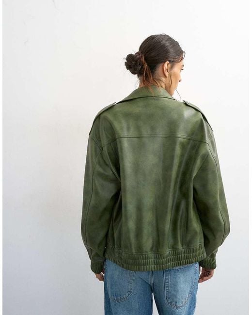 TOPSHOP Green Faux Leather Cropped Bomber Jacket With Patch Pocket