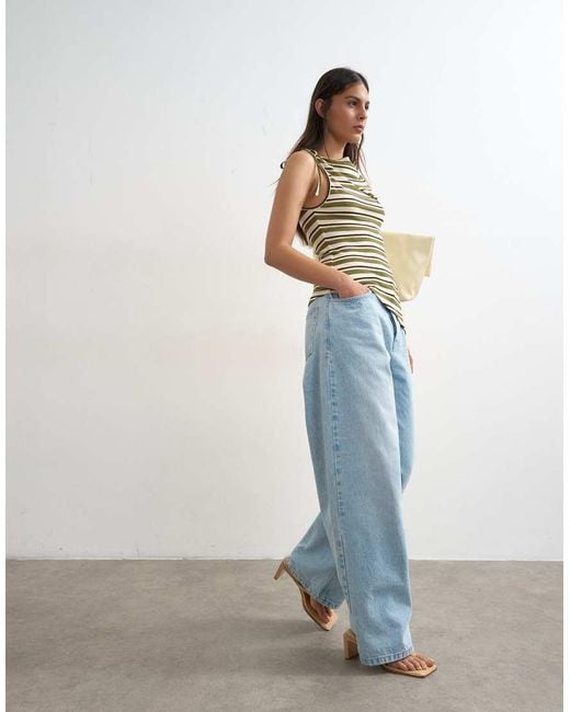 TOPSHOP Green Stripe Fold Over Tie Shoulder Tank