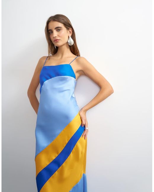 TOPSHOP Blue Contrast Cut About Maxi Satin Dress