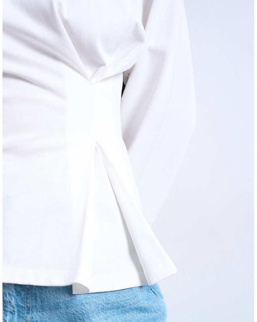 TOPSHOP White Cinch Waist Structured Long Sleeve Tee