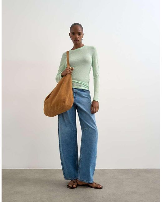 TOPSHOP Green Premium Sheer Rib Scoop Neck Long Sleeve Top