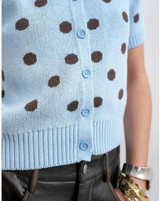 TOPSHOP Blue Knitted Short Sleeve Polka Dot Cardigan
