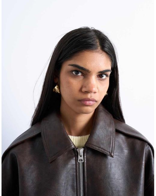 TOPSHOP Gray Faux Leather Vintage Wash Seam Detail Zip Thru Oversized Bomber Jacket