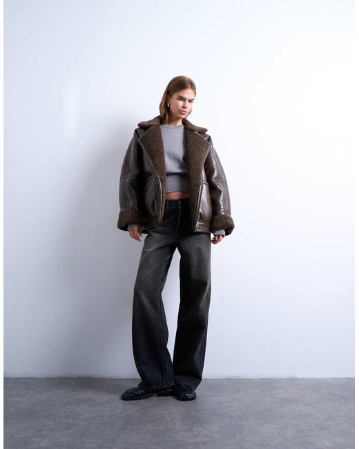 TOPSHOP Brown Vintage Wash Faux-shearling Aviator Bomber Jacket