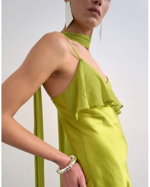 TOPSHOP Green Mixed Fabric Ruffle Detail Maxi Slip Dress