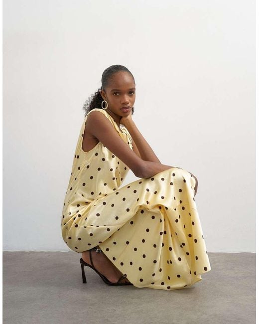 TOPSHOP Natural Satin Polka Dot Ruched Tie Shoulder Maxi Dress