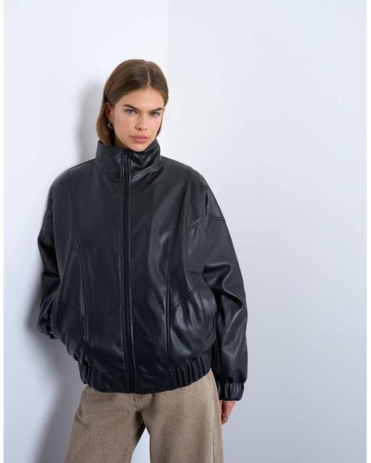 TOPSHOP Gray Faux Leather Funnel Padded Seam Detail Bomber Jacket
