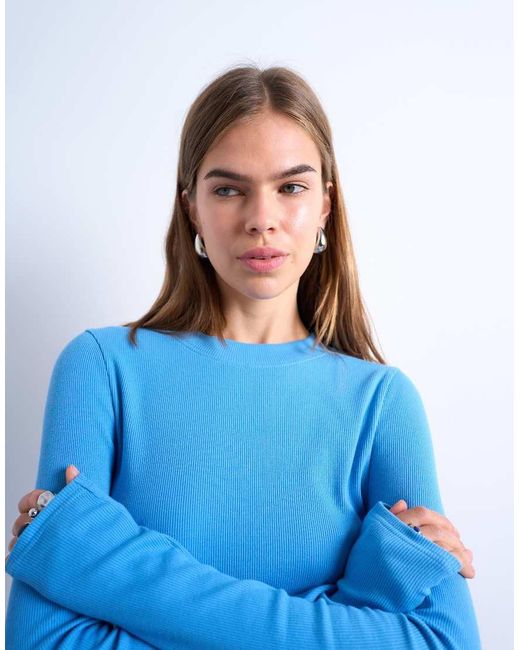 TOPSHOP Blue Rib Long Sleeve Curved Hem Top