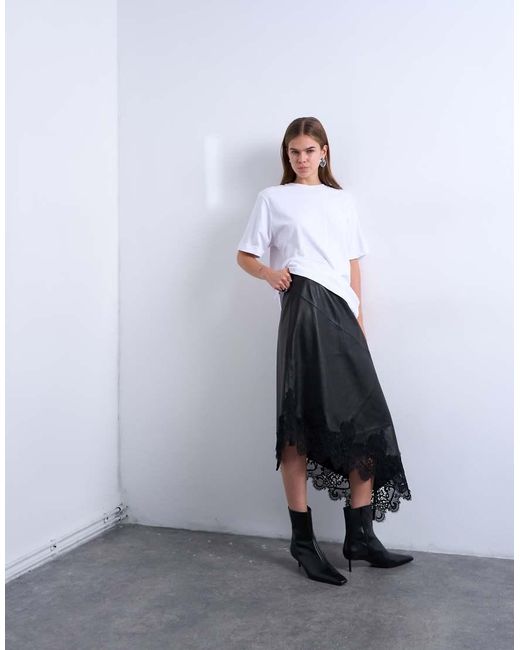 TOPSHOP White Real Leather Lace Insert Midi Skirt