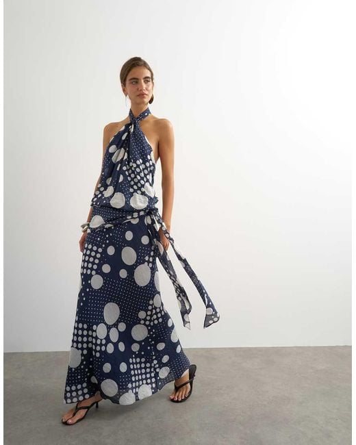 TOPSHOP Blue Halter Neck Dropped Waist Tie Detail Maxi Dress