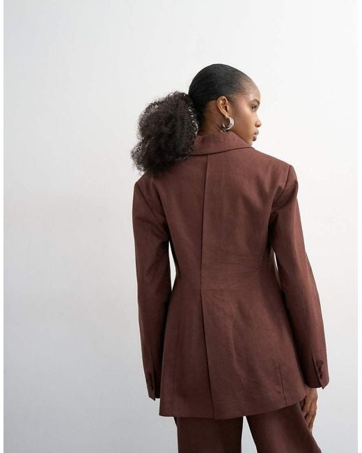 TOPSHOP Brown Linen Blend Co Ord Occasion Strong Shoulder Cinched Waist Blazer