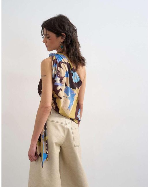 TOPSHOP Natural Printed Knot Detail One Shoulder Top