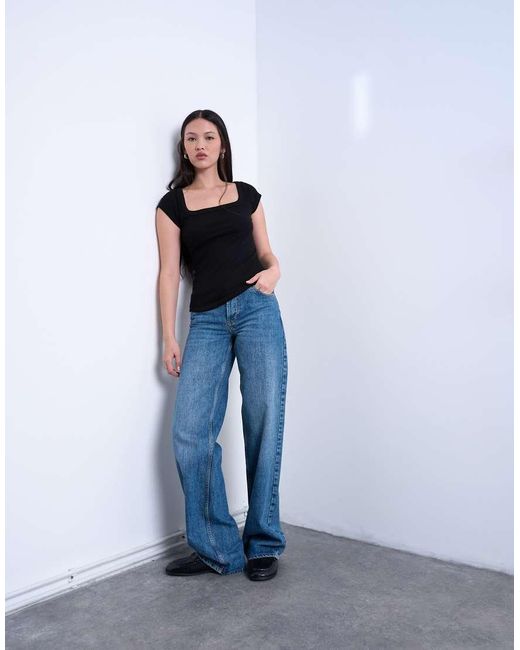 TOPSHOP Black Square Neck Ribbed Cap Sleeve Tee