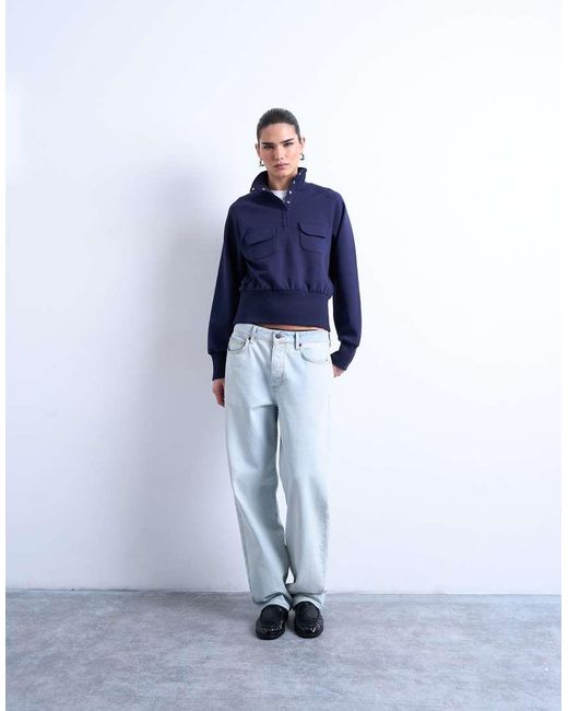 TOPSHOP Blue Pocket Detail Funnel Neck Sweat