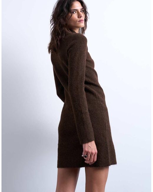 TOPSHOP Brown Knitted Crew Neck Button Through Mini Dress