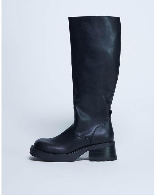 TOPSHOP Black Rachel Knee High Chunky Heeled Boot