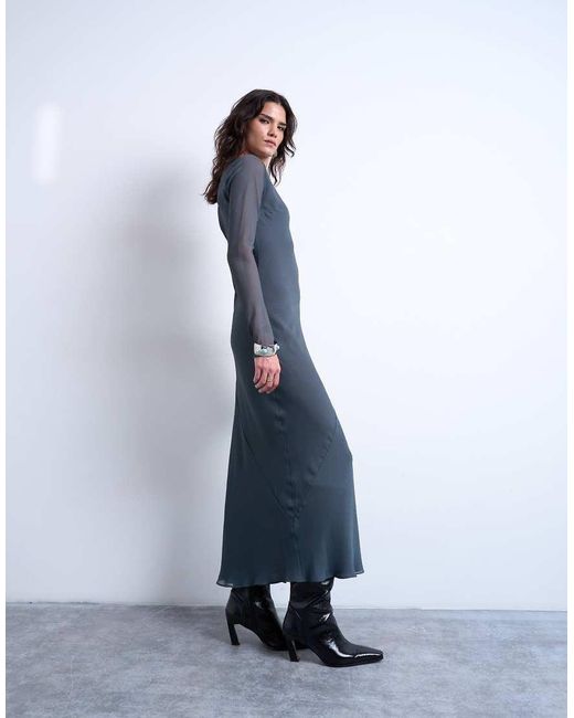 TOPSHOP Blue Slash Neck Chiffon Maxi Dress