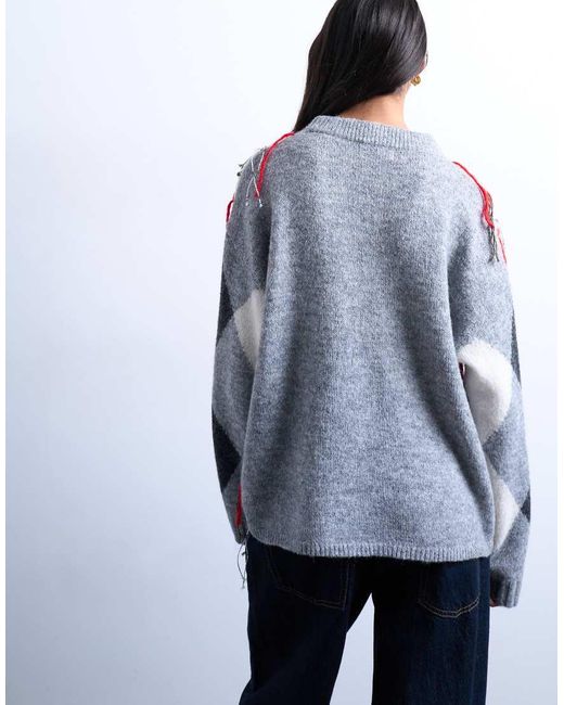 TOPSHOP White Knitted Argyle Distressed Jumper