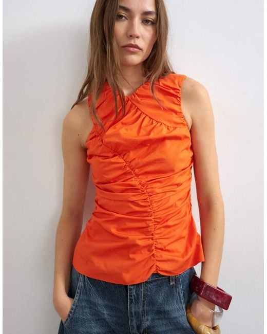 TOPSHOP Orange Poplin Gathered Tank Top