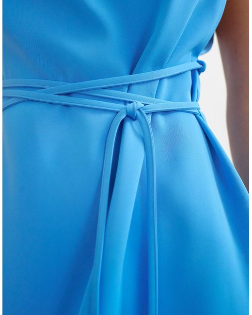 TOPSHOP Blue Heavy Crepe High Cowl Neck Mini Dress With Tie Waist
