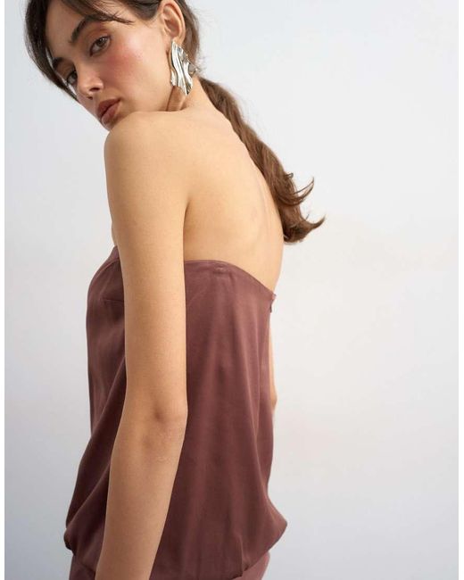 TOPSHOP Brown Satin Dropped Waist Blouson Bandeau Maxi Dress