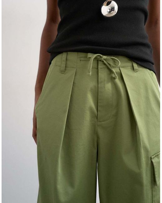 TOPSHOP Green Clean A Line Wide Leg Cargo With Tie Waist