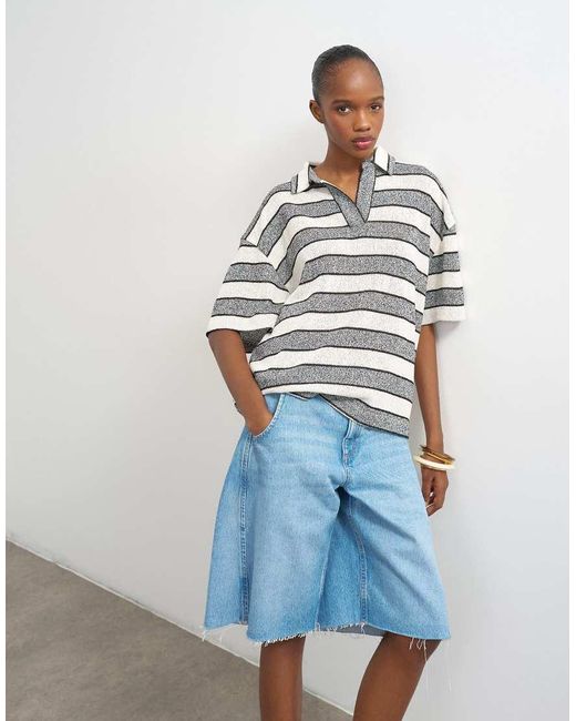 TOPSHOP White Cut And Sew Stripe Oversized Rugby Top