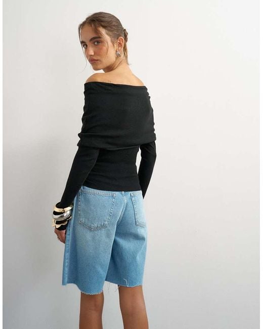 TOPSHOP Blue Knitted Bardot Top