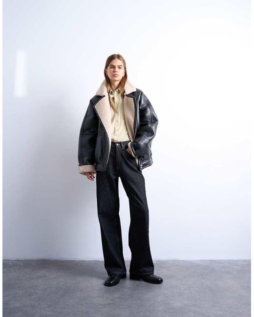 TOPSHOP Blue Super Oversized Vintage Wash Faux Shearling Aviator Bomber Jacket