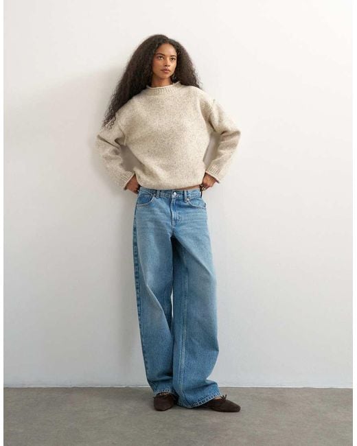 TOPSHOP Blue Knitted Roll Edge Relaxed Fit Jumper With Wool