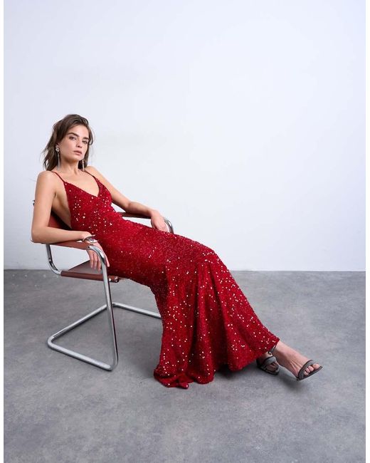 TOPSHOP Red Plunge Velvet Sequin Full Length Maxi Gown