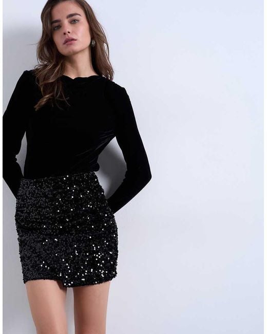 TOPSHOP Black Velvet Sequin Drape Mini Skirt
