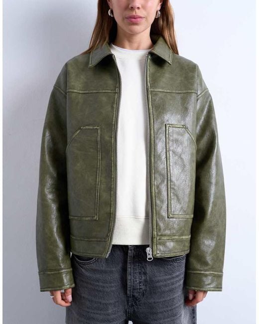 TOPSHOP Gray Faux Leather Zip Up Jacket With Patch Pockets