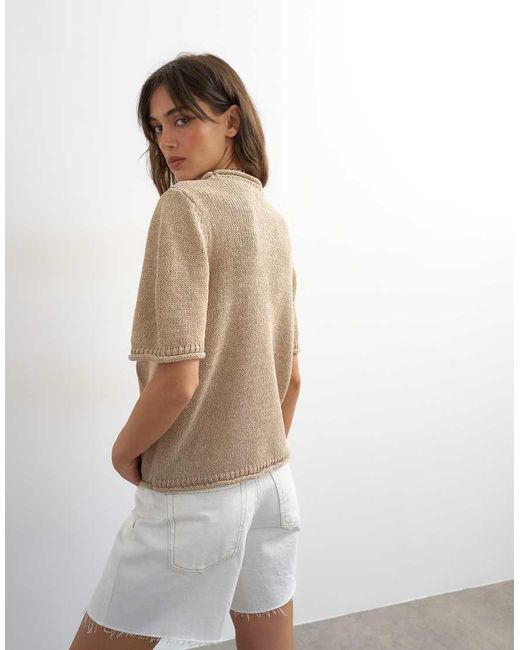 TOPSHOP Natural Knitted Short Sleeve Top With Roll Hem Trims