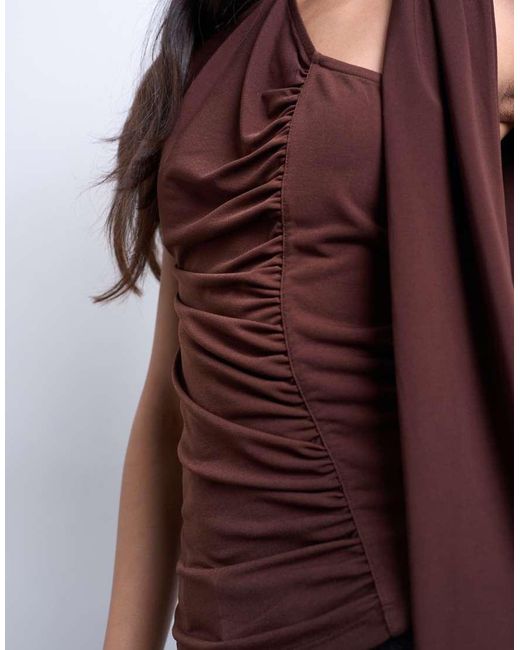 TOPSHOP Brown Ruched Scarf Detail Asymmetric Hem Top