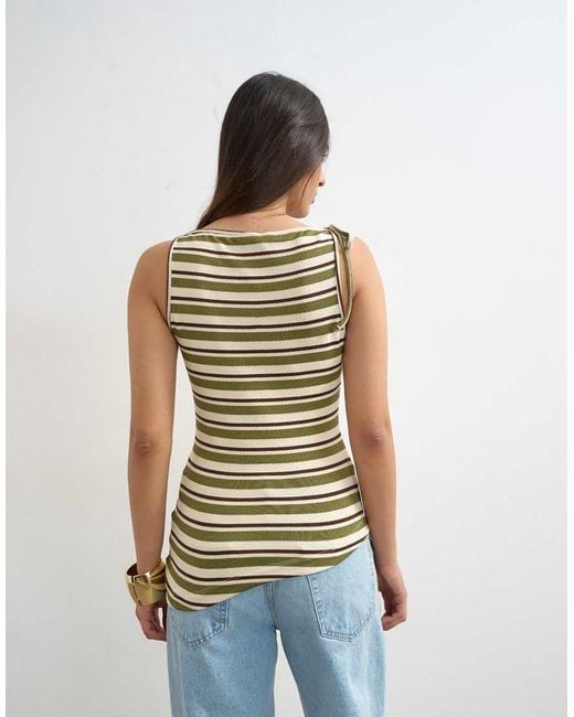 TOPSHOP Green Stripe Fold Over Tie Shoulder Tank