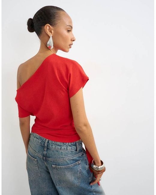 TOPSHOP Red Crinkle Off Shoulder Tie Front Top