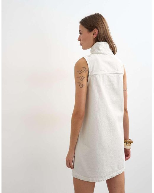 TOPSHOP White Denim Funnel Neck Pinny Dress