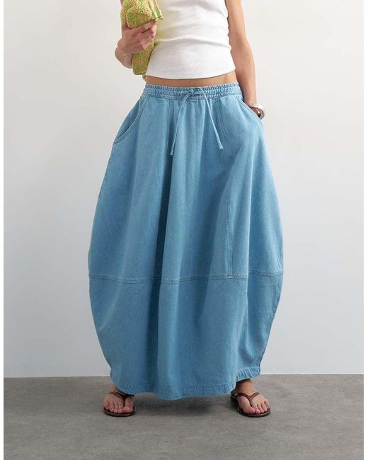 TOPSHOP Blue Denim Pull On Barrel Maxi Skirt