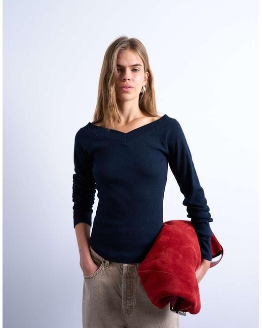 TOPSHOP Blue Rib Raglan V-Neck Long Sleeve Top