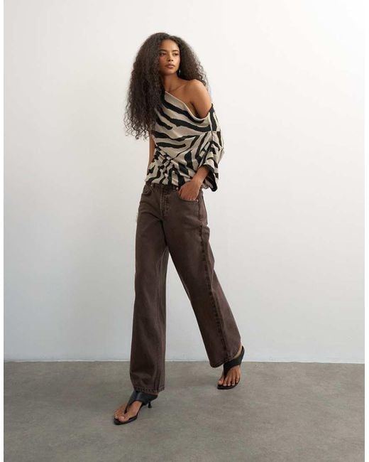 TOPSHOP Brown Soft-touch Drape Shoulder Top