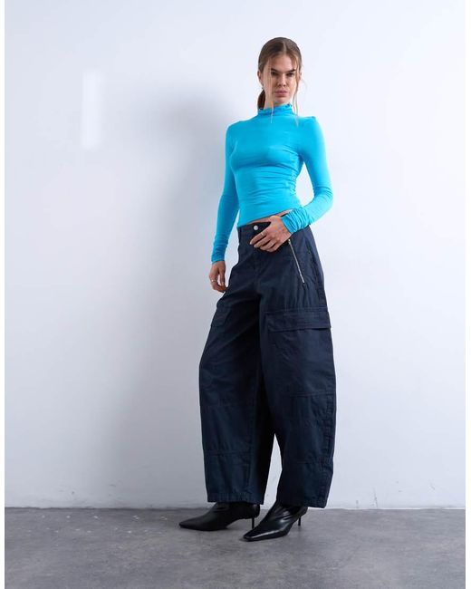 TOPSHOP Blue Balloon Cargo Trouser With Zip And Pocket Details