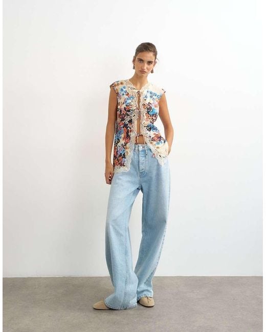 TOPSHOP Blue Cap Sleeve Asymmetric Tie Front Lace Detail Top